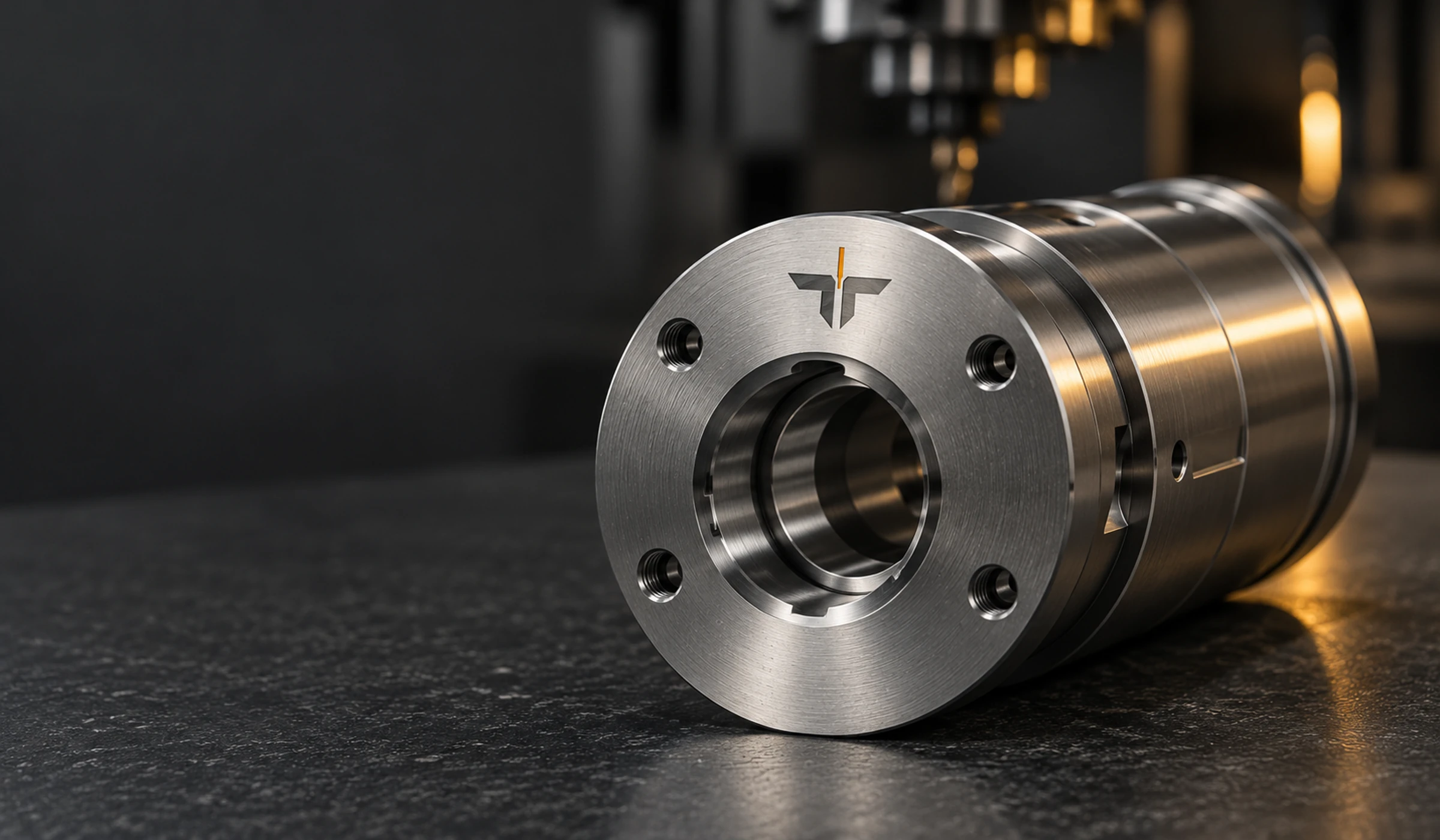 Precision-turned stainless steel component engraved with the Tenaxis monogram