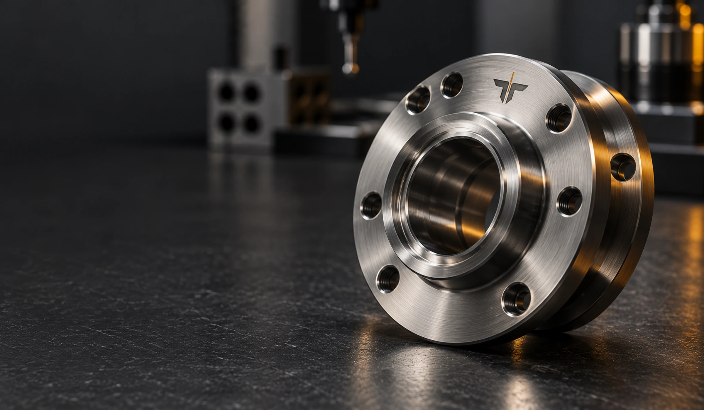 CNC-turned titanium flange engraved with the Tenaxis monogram