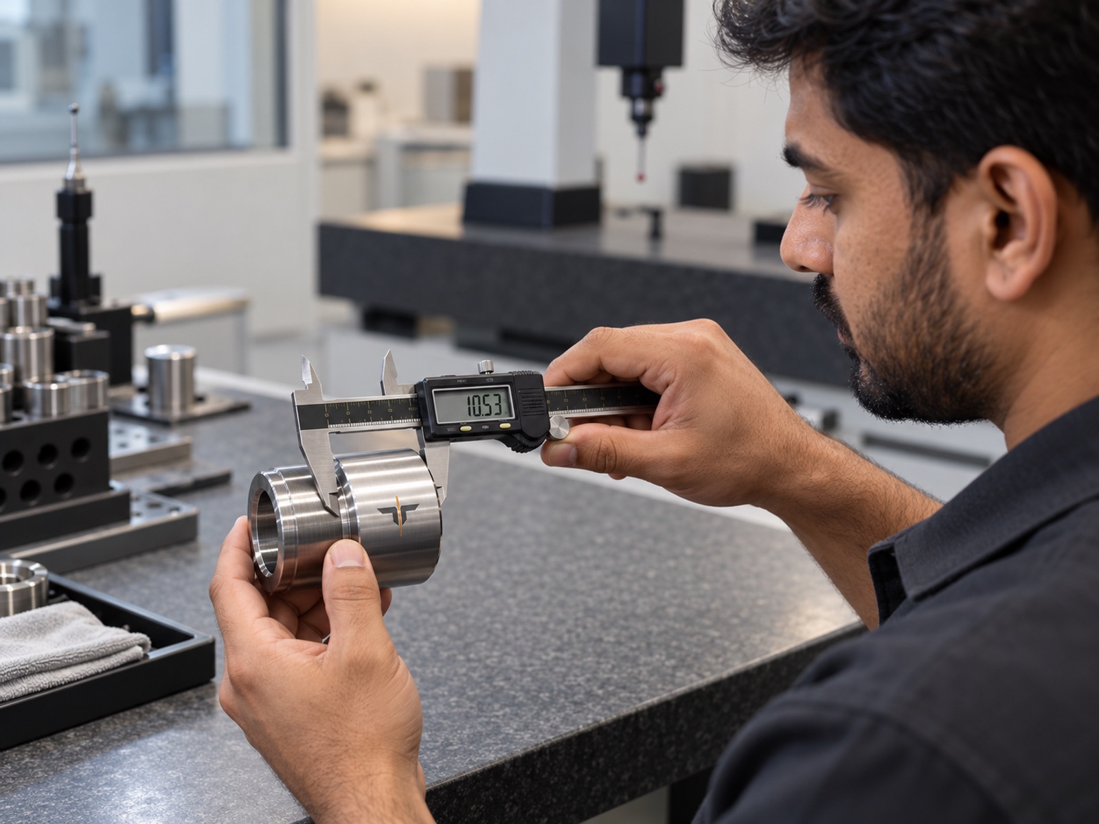 Inspector measuring a Tenaxis turned part with digital calipers